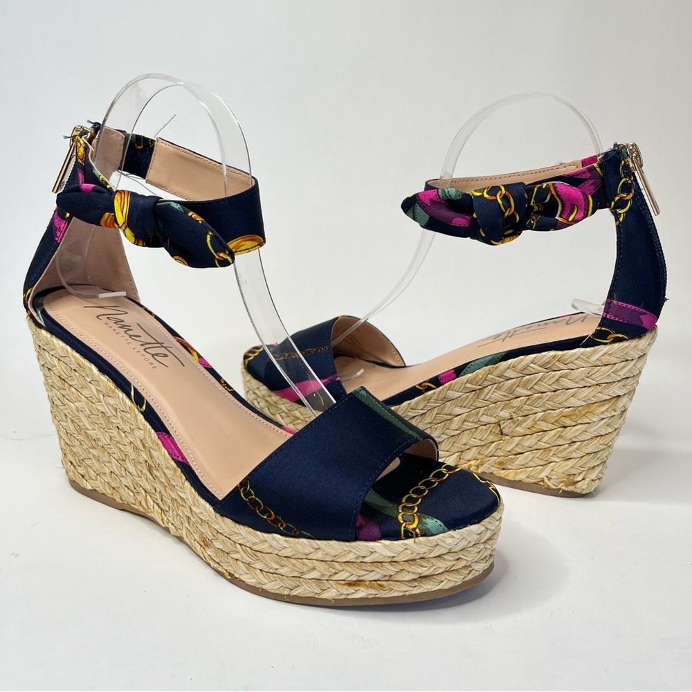 NANETTE LAPORE Symphony Navy Chain Designer Style Bow Espadrille Wedge Sandals